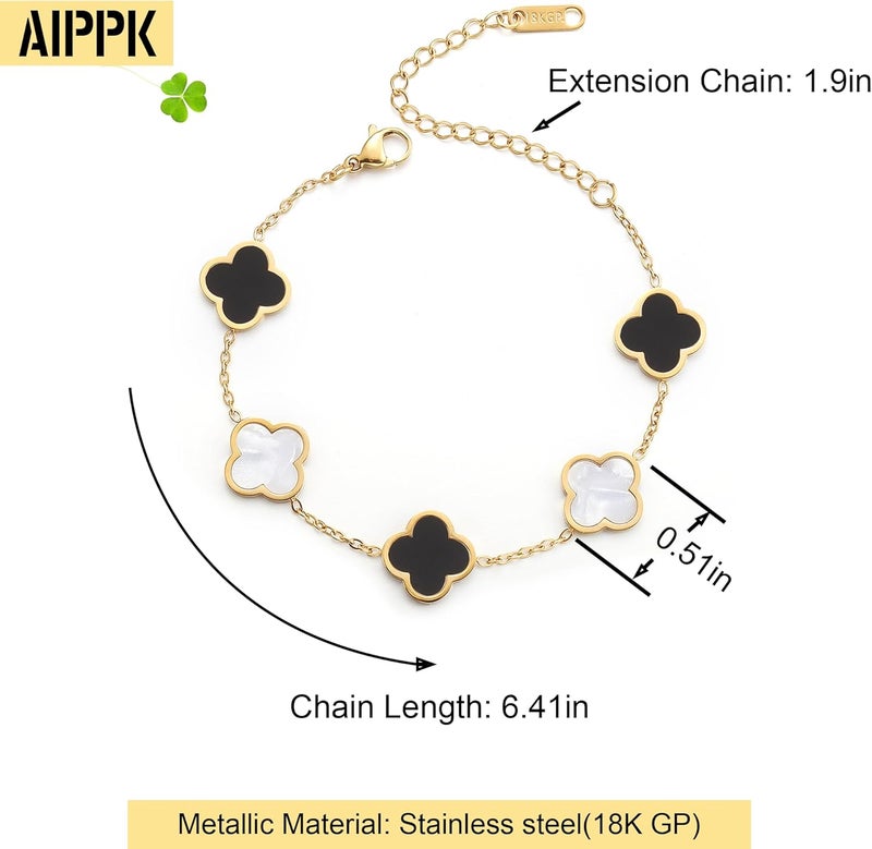 AIPPK 18K Gold Plated Clover Lucky Bracelet for Women White/Black/Red/Green Flower Four Leaf Link Bracelets Trendy Jewelry Gifts for Women - Image 2